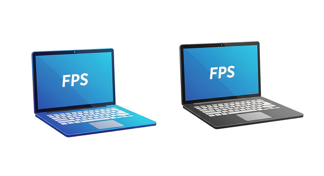 Blue fps cubes with metallic texture on white background, 3 d gaming