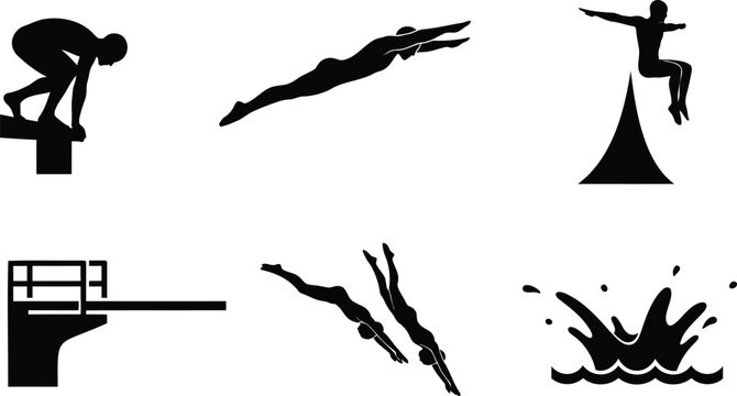Swimming and diving competition vector silhouette illustration pack with water splash art.