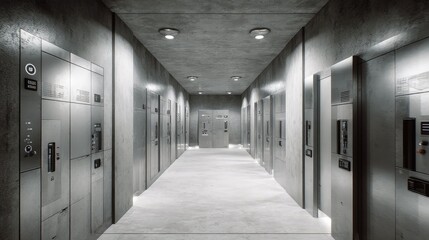 Fototapeta premium Long concrete hallway with symmetrical metallic doors and panels, sterile brutalist interior evoking a futuristic, high tech underground facility, sealed and minimal