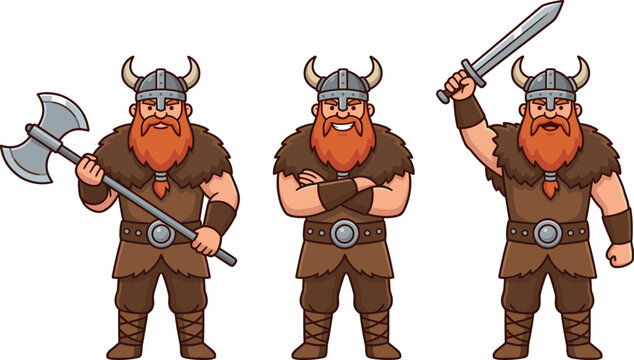 Viking Warrior Cartoon Character Set with Different Poses and Weapons in a Simple and Fun Style