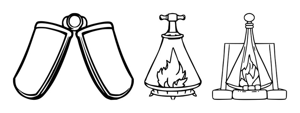 Vintage fireplace bellows set with minimalist line art featuring fireplace, hearth, decor with simple strokes and isolated white background