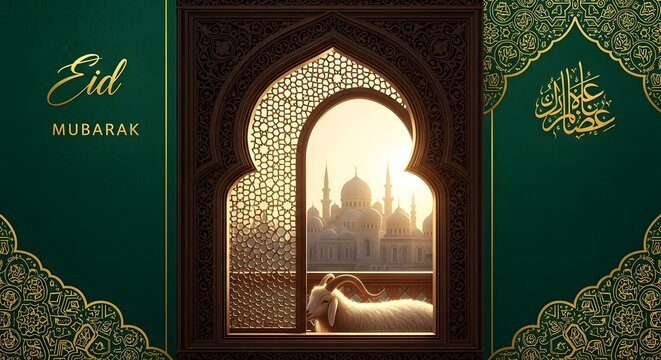 Elegant islamic arch window with mosque at sunset and eid mubarak greeting