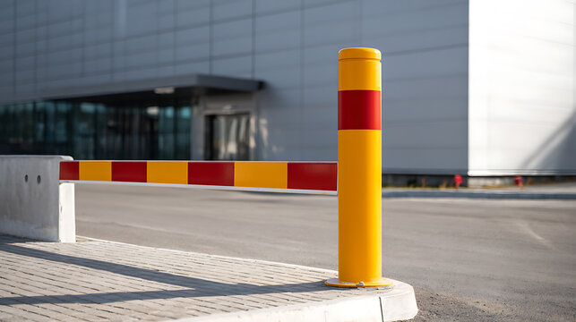 Road barrier gate and bollard in bright yellow and red colors, restrict access to a modern building, clear sky, sunny day
