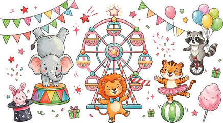 Cute Circus Animals and Carnival Set with Ferris Wheel, Elephant Acrobat, Lion, Tiger, and Raccoon for Kids Birthday Party Invitations, Fairground Decorations, and Nursery Art Designs © Rownok