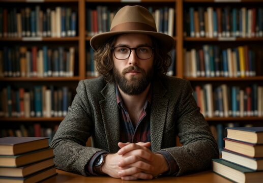 bearded man with glasses and hat sitting in library