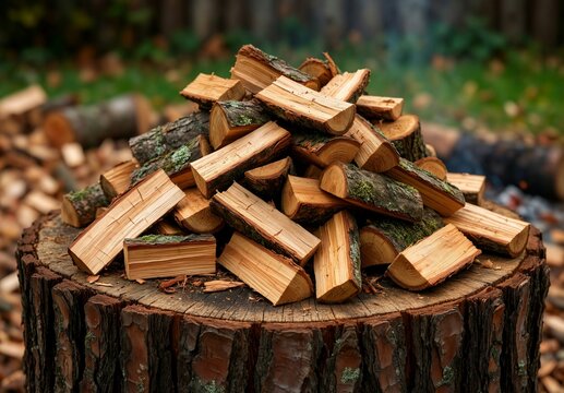 Pile of split firewood logs on a tree stump in the forest