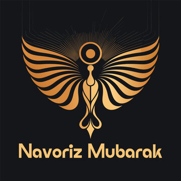 Navroz Mubarak traditional emblem with stylized bird wings and circular sun symbol golden gradient on black background