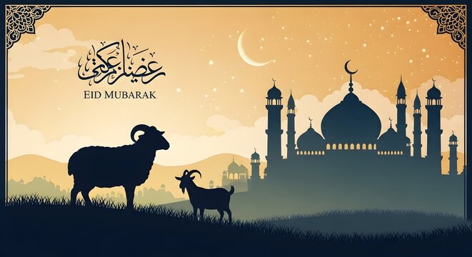 Eid al adha landscape with sheep goat mosque and sunset eid mubarak sacrifice