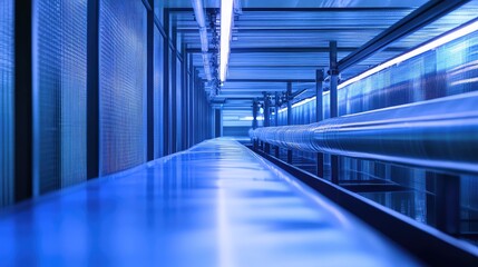Fototapeta premium Blue lit industrial interior featuring a system of pipelines and reflective surfaces, conveying concepts of modern infrastructure, advanced technology, manufacturing, and efficient logistics