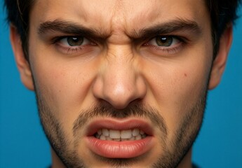 Fototapeta premium Close up of angry man with aggressive facial expression and bared teeth