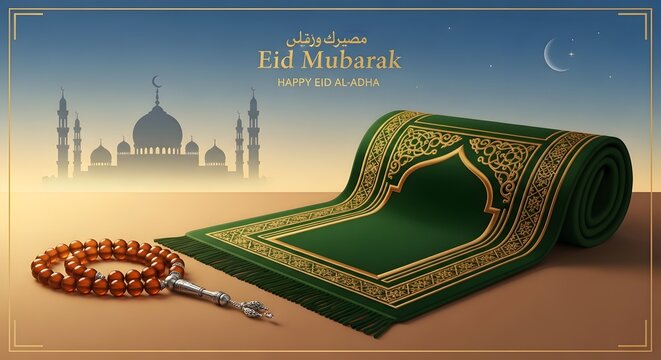 Eid ul adha prayer mat and prayer beads with holy day crescent moon religion