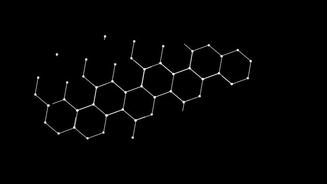 Hexagonal Network Animation with Connected Dots And Molecular Hexagons Structure Lines On A Dark Background.