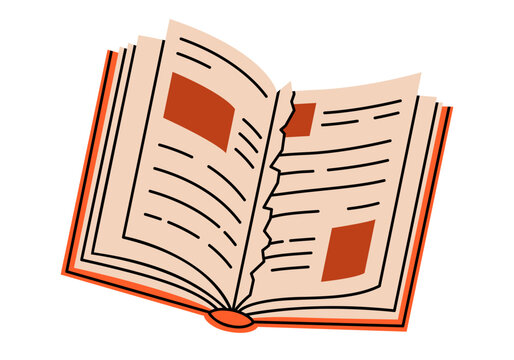 Hand drawn illustration of open book with torn page. Flat vector damaged library literature doodle. Reading or content creation sticker. Lost information or censorship icon. Isolated.