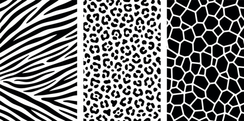 Black and White Animal Print Pattern Set Featuring Zebra Stripes Leopard Spots and Giraffe Skin Textures for Fashion Textiles Backgrounds and Wild Safari Graphic Design © Nexivo! 