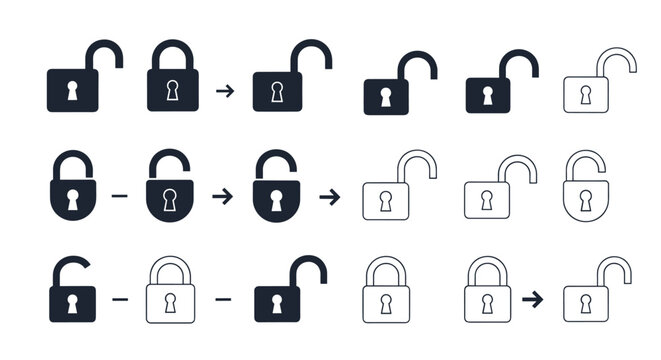 Set of padlock icons in various states of being locked and unlocked shown in solid black and thin line styles for security concepts.