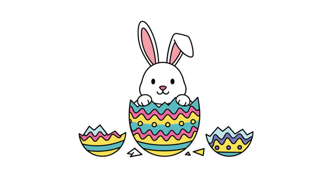 Cute cartoon illustration of a white Easter bunny peeping out from a colorful decorated eggshell on a white background.