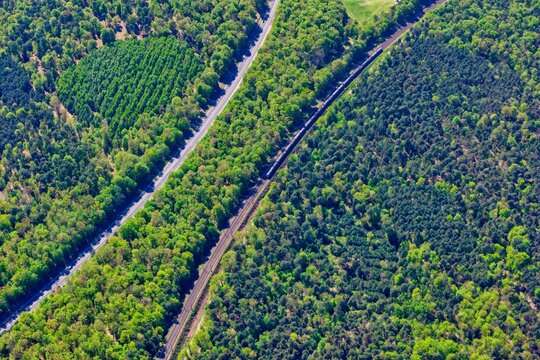 Aerial view of a train traveling on tracks through the lush green Forest of Fontainebleau with a parallel road Fontainebleau, Ile-de-France, France.