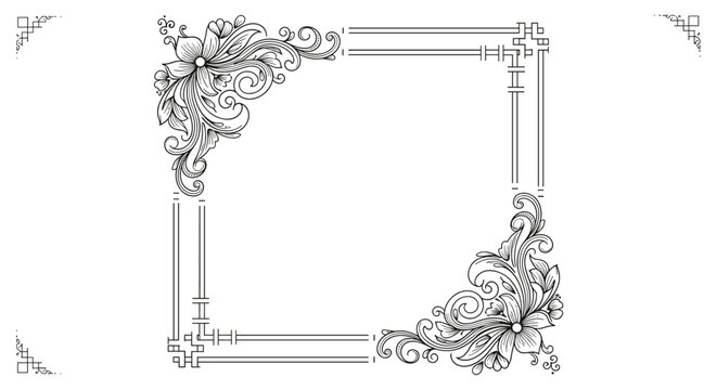 Exquisite vintage square frame featuring highly detailed floral flourishes and elegant corner ornaments in a classic line art style.
