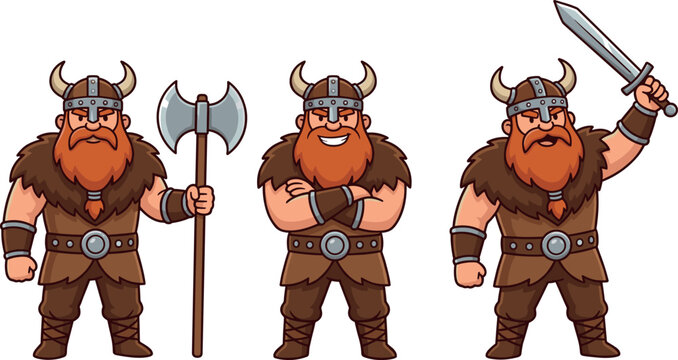 Cartoon Viking Warrior in Three Poses with Sword and Axe in Fun and Bold