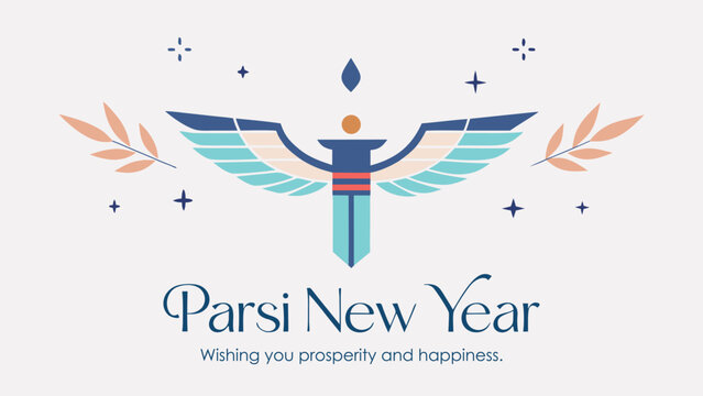 Parsi new year greeting layout with winged emblem and celestial star elements for seasonal wishes