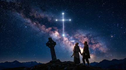 Fototapeta premium Cross constellation shining brightly in starry night sky symbolizing Christian faith and cosmic spirituality