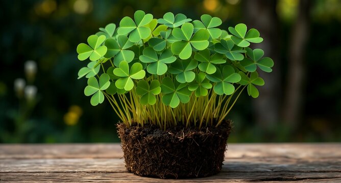 Fresh green clover plants growing in soil on wooden surface with blurred background