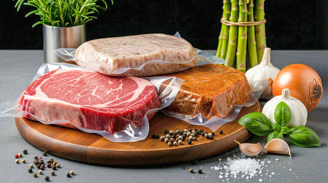 Vacuum sealed raw meat steaks with vegetables on cutting board