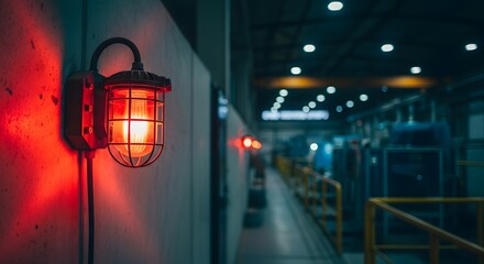 Obraz premium Industrial warehouse lighting close up of a guarded red light fixture