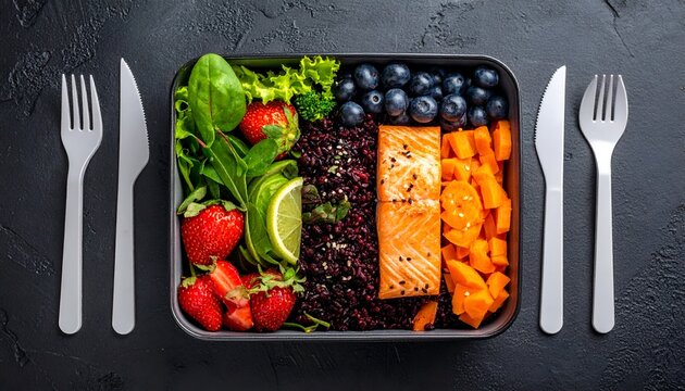Healthy food bowl w/ salmon, berries, spinach, rice, carrots on dark backdrop