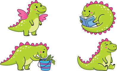 Fototapeta premium Cute Green Baby Dragon Character Set Reading a Book, Eating, and Flying for Kids Education, Literacy Programs, Fantasy Storybooks, and Nursery Wall Art Designs