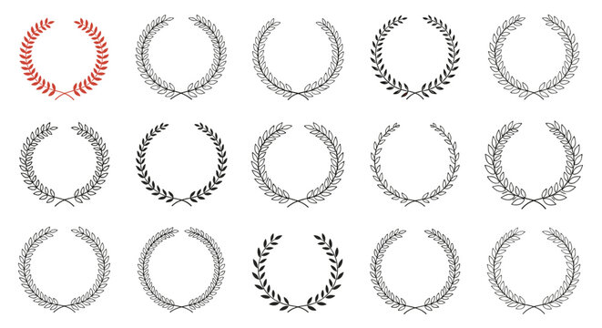 Diverse set of laurel wreaths and foliate borders in various styles and densities for heraldic emblems awards and decorative framing needs.