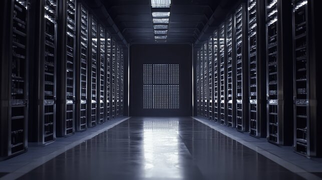 Server racks stand in rows, creating a corridor in a data center, indicating global network storage, information technology, and cloud computing infrastructure