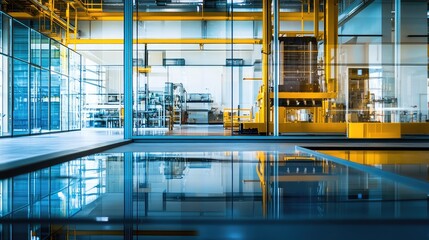 Fototapeta premium Industrial facility featuring a cleanroom environment and advanced manufacturing machinery, with strong reflections on the polished floor creating a futuristic atmosphere
