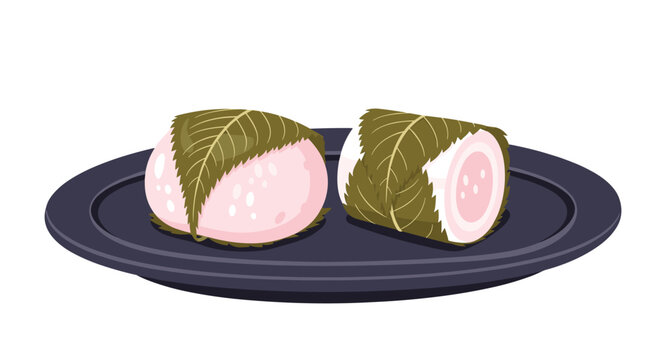 Two different styles of sakura mochi japanese sweets one round and one rolled both wrapped in green cherry leaves on a dark plate.