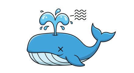 Naklejka premium Dead blue whale cartoon character with crosses for eyes and water blowing from its spout isolated on a clean white background.