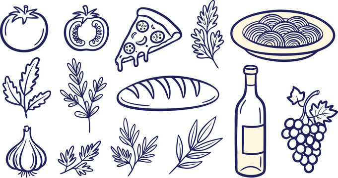 Food and drink illustrations including pizza bread wine and grapes