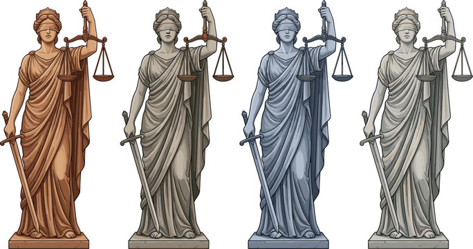 Lady Justice Statue Vector Set with Scales and Sword in Various Color Tones for Legal, Law, and Justice Illustrations.