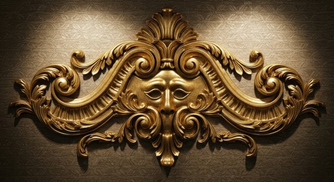 Ornate golden mascaron with swirling acanthus leaves isolated on white background isolated on transparent background