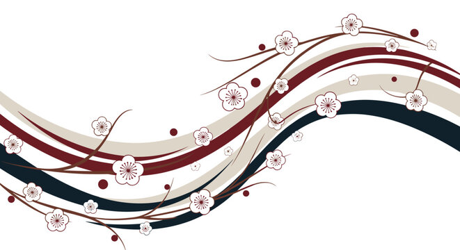 Traditional japanese plum blossom branches over dark blue and red flowing waves for elegant spring greeting card backgrounds.