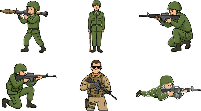 Military Soldier Vector Set with Armed Troops in Combat Poses Including Rifles, Bazooka, and Camo Uniforms for Military, Action, and Educational Illustrations.