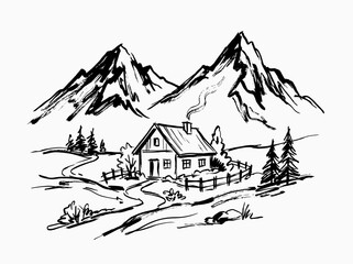 Fototapeta premium Rural house and mountain landscape, minimalist brush line art, rustic cottage, serene nature, ink illustration