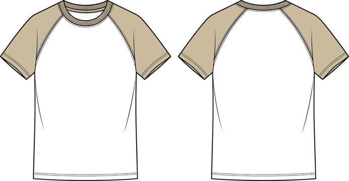 Professional Raglan T-Shirt Technical Sketch with Front and Back Views in White and Khaki for Fashion Design Mockups Tech Packs and Apparel Manufacturing Templates