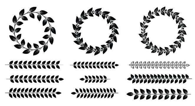 Set of black and white leaf wreaths and borders in various styles for classic branding and botanical design projects.