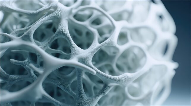 Porous biomaterial structure with an intricate organic network, revealing a microscopic architecture suitable for medical research and material science concepts