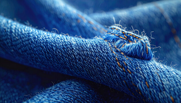 Close up of denim fabric texture with stitched detail and frayed edges