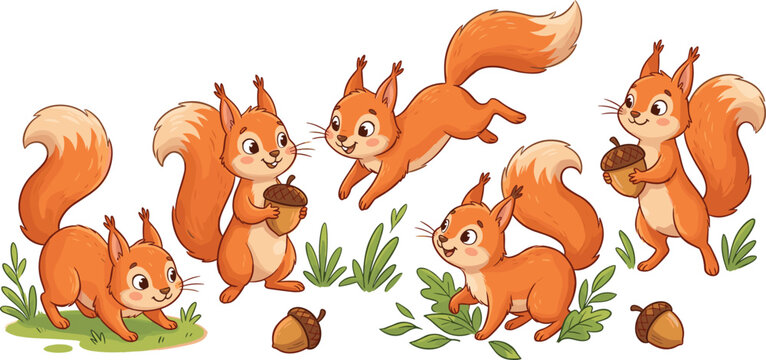 Cute Red Squirrel Cartoon Character Set in Various Poses Holding Acorns and Jumping for Autumn Nature Education, Forest Wildlife Illustrations and Kids Storybook Designs