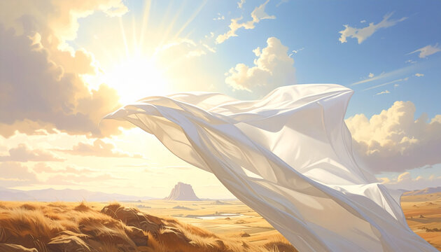 Floating white fabric in sunlight