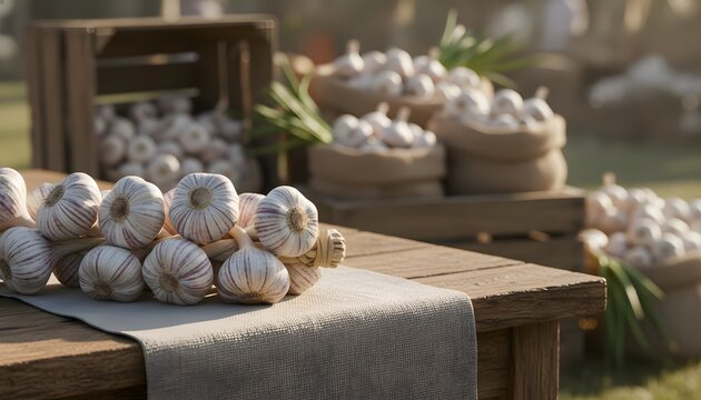 Fresh braided garlic bulbs displayed on a wooden table at a local garlic festival, representing a farming trade and agricultural festivity concept for rural food markets