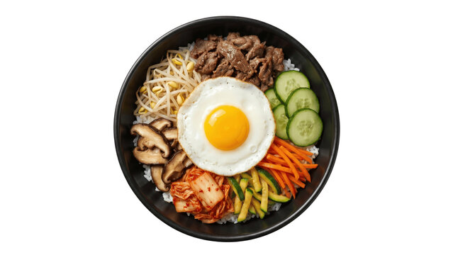 Delicious korean bibimbap bowl with egg and vegetables isolated on transparent background.PNG
