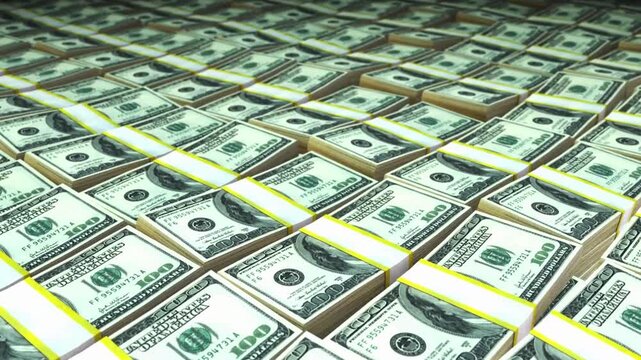 Endless scrolling stacks of one hundred US dollar bills